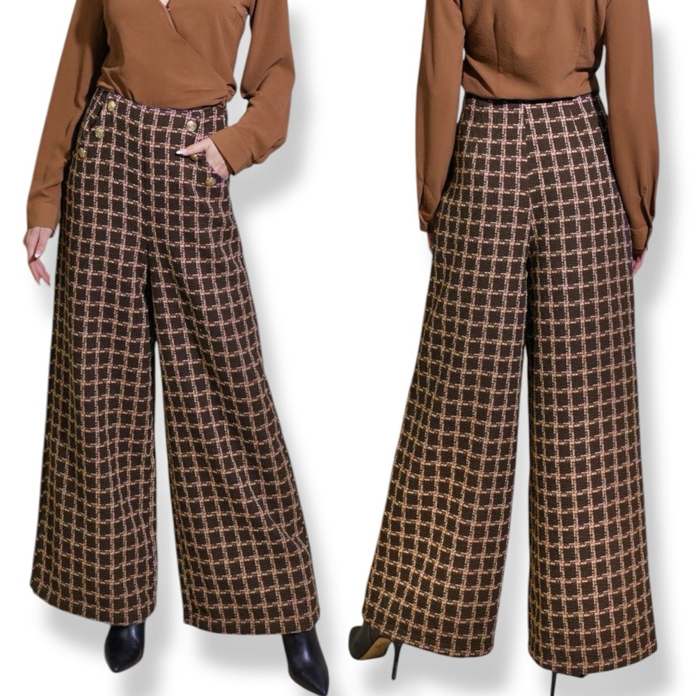 Flying Tomato Brown Plaid Wide Leg Pants